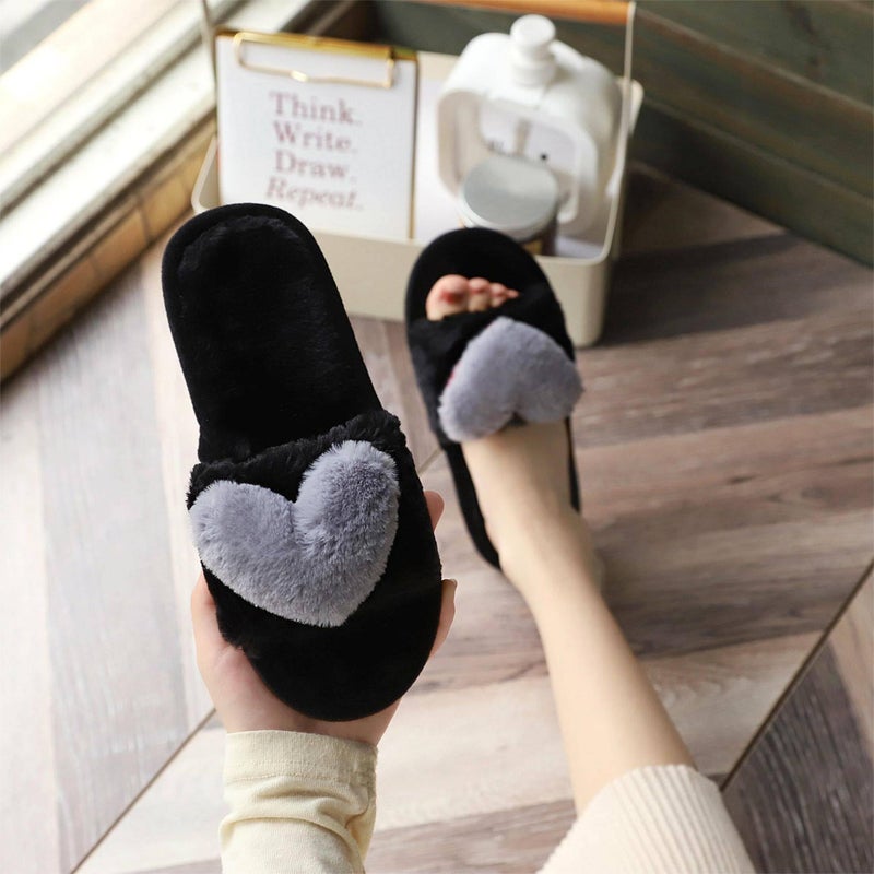 Crazy Lady Women's LOVE Slippers Fuzzy Fluffy Memory Foam House Shoes Open Toe Indoor and Outdoor(01/Grey, 9-10 M US) - Image 2